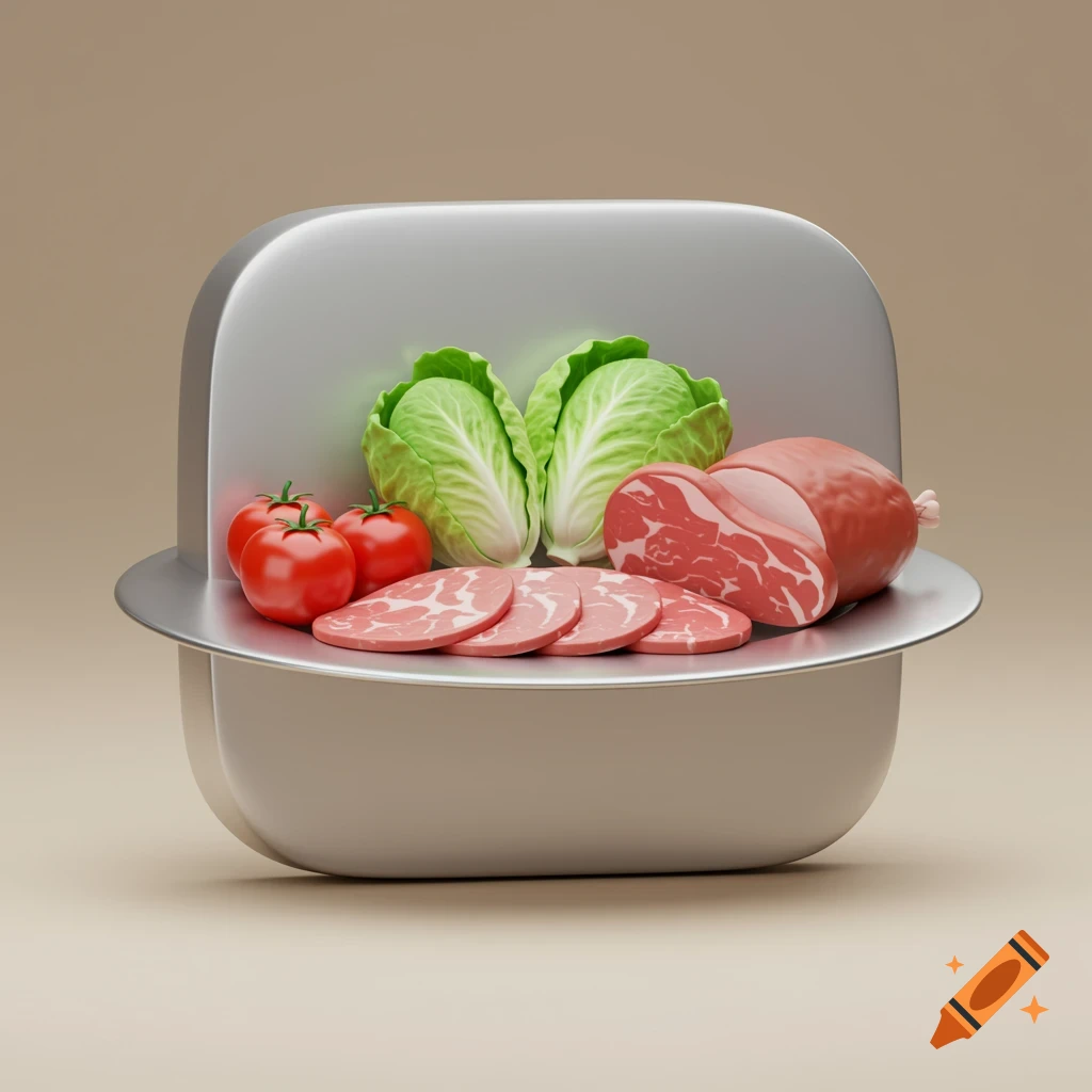 A 3D icon of food items including red tomatoes, green cabbage, and sliced sausage on a silver tray.