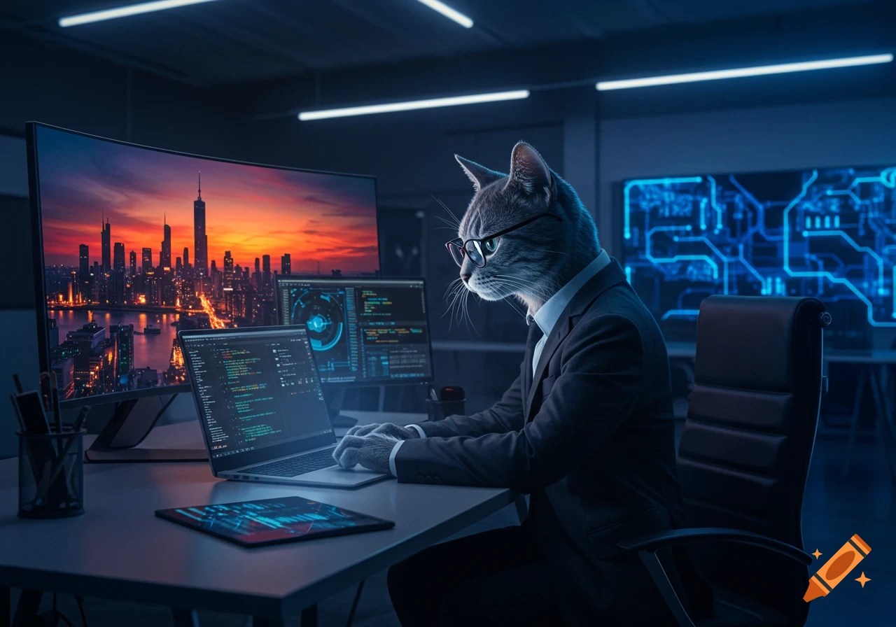 A grey tabby cat wearing a suit and glasses works on a laptop in a futuristic office, with large screens displaying cityscapes and code.