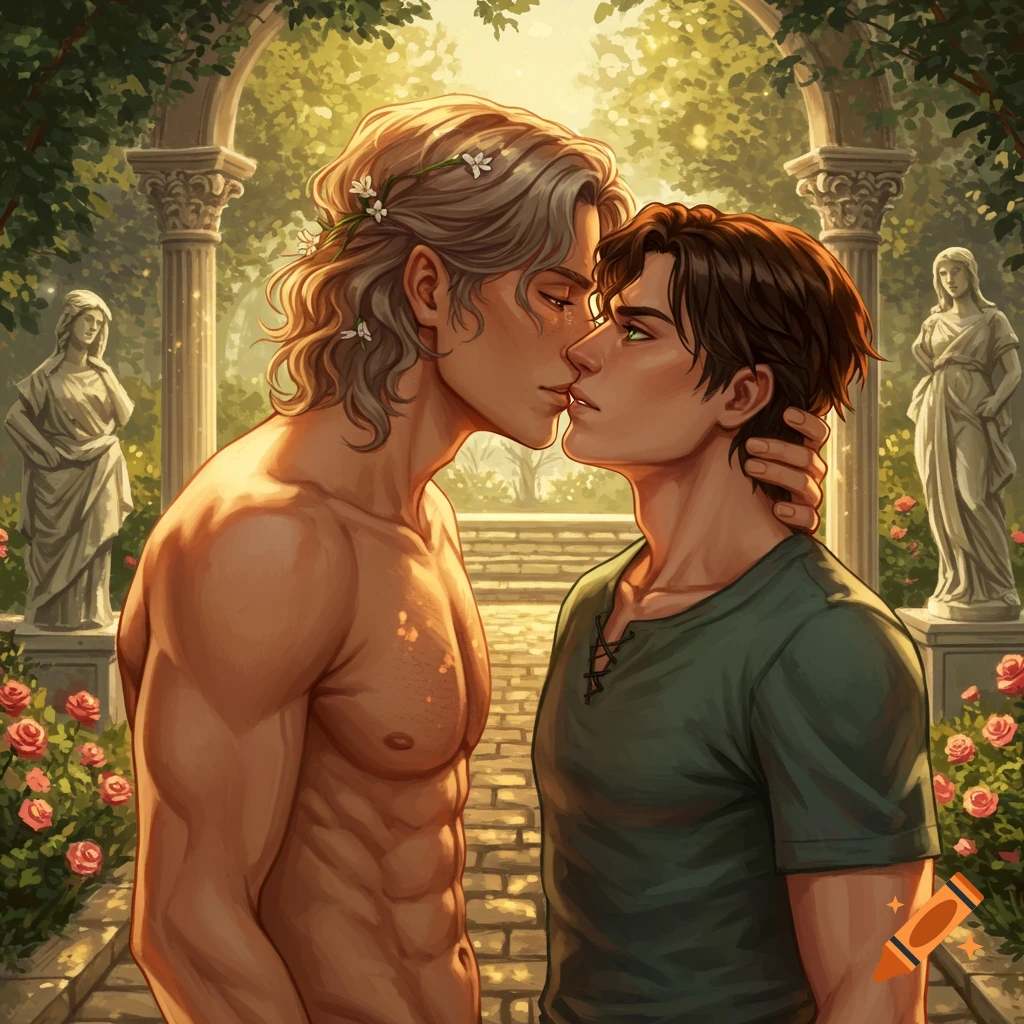 An illustrated image of two men in a lush garden, one shirtless with long hair and flowers, leaning in to kiss another man in a green tunic.