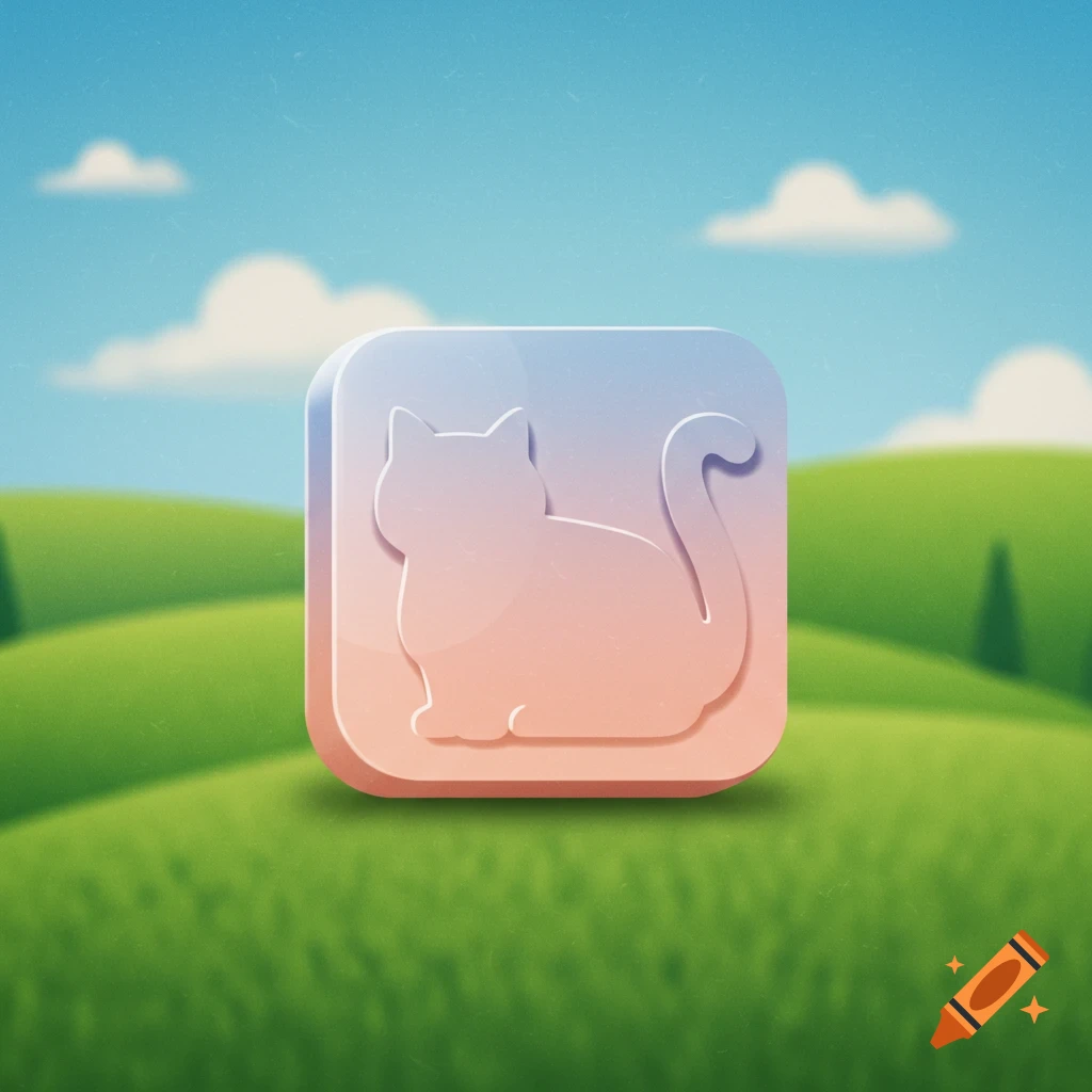 A stylized translucent cat icon with a blue-pink gradient on a cartoon landscape background.
