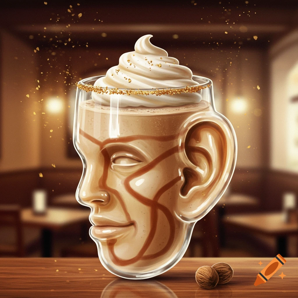 Surreal milkshake in a head-shaped glass with an ear handle, topped with whipped cream and gold sprinkles, on a wooden table in a cafe.