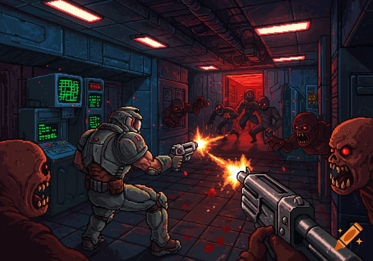 Pixel art scene of a space marine in power armor shooting demons in a dark, red-lit corridor.