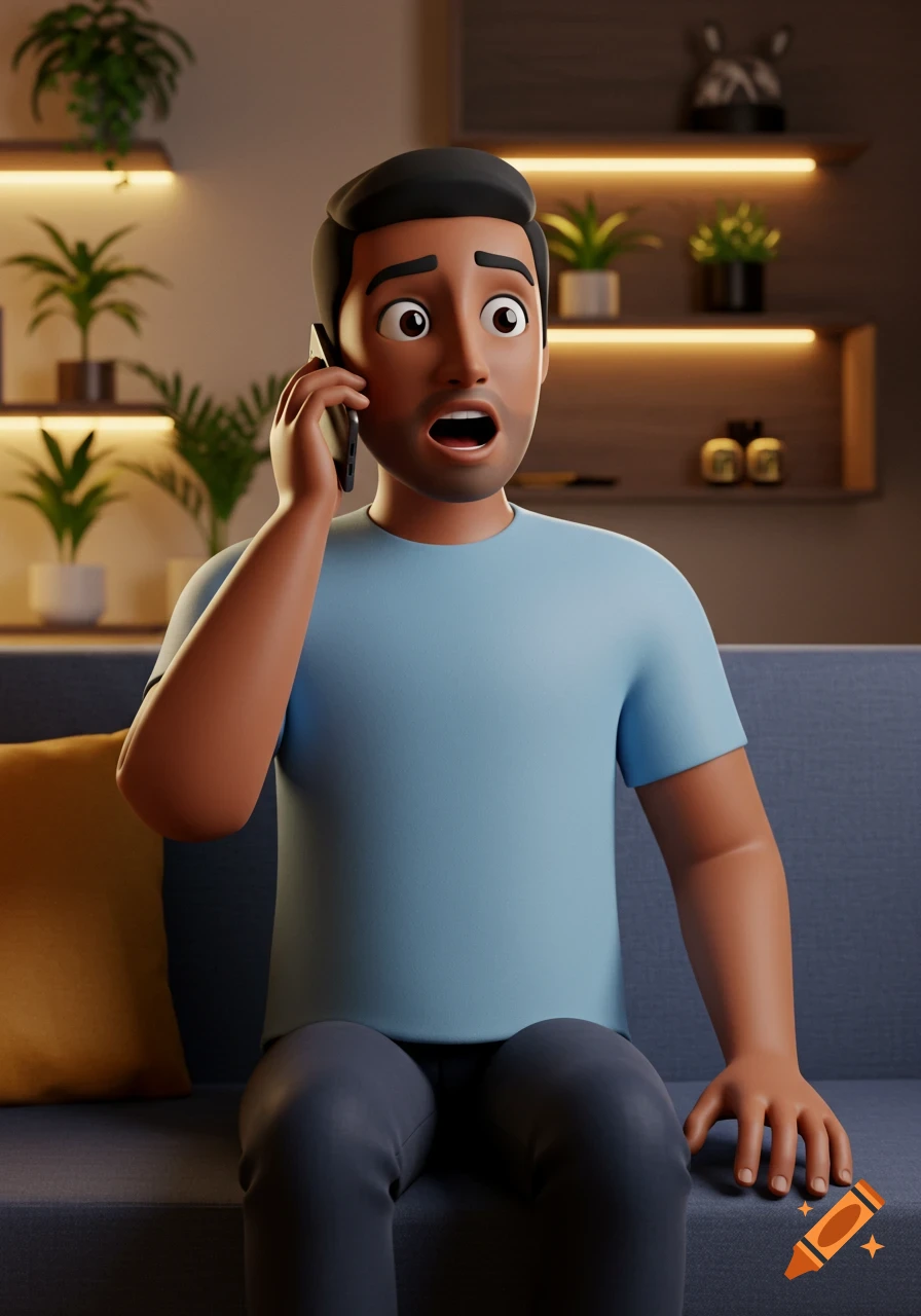 A 3D animated man sits on a couch, holding a phone to his ear with a surprised expression in a modern living room, cartoon style.