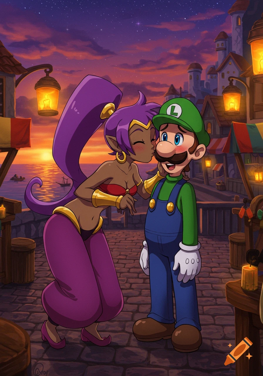 Cartoon Shantae kisses Luigi on the cheek in a vibrant port town at sunset, with buildings and boats in the background.