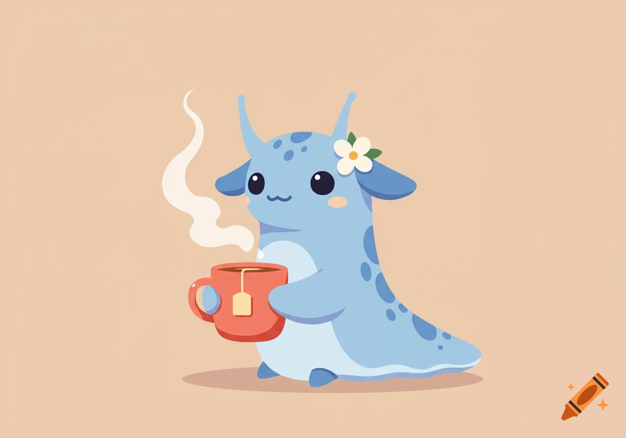 Cute light blue slugcat creature with a flower on its ear holding a steaming mug of tea. Illustration.