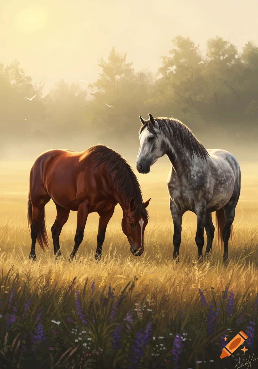 Two horses, one brown and one dappled gray, stand in a sunlit field with tall grass and wildflowers, with trees in the misty background.