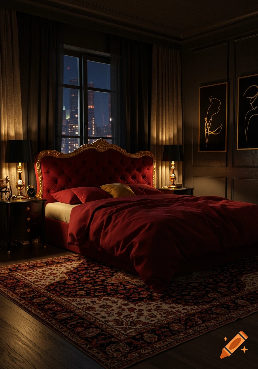 A luxurious bedroom at night features a red velvet bed with a golden headboard, dark wood furniture, and a patterned rug. City lights are visible through a large window.