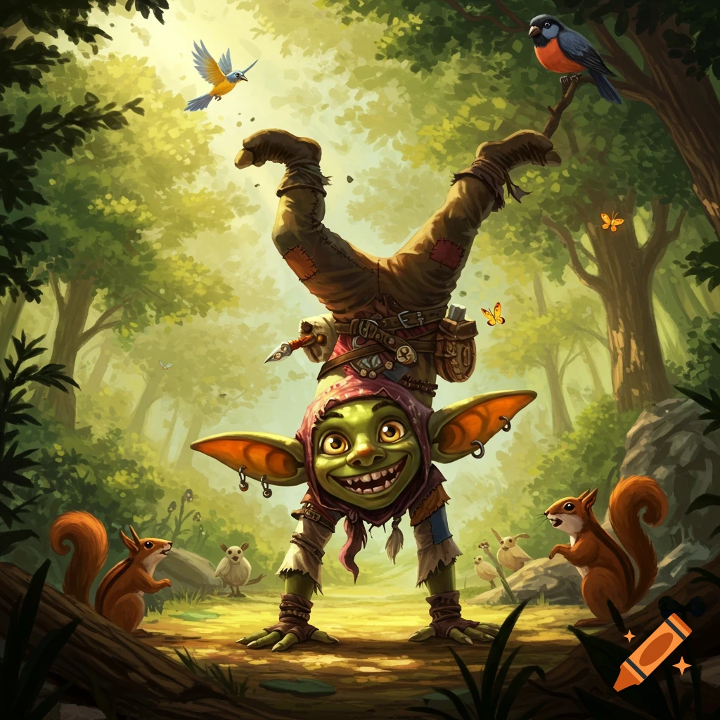 A green-skinned goblin in patched clothing does a handstand in a sunny forest, smiling widely, surrounded by squirrels and birds.