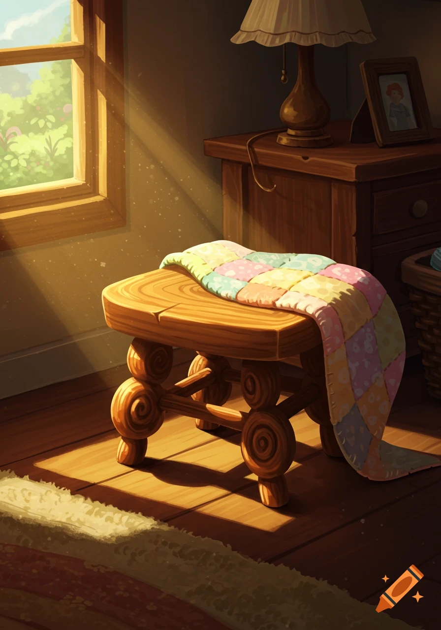 A sunlit wooden stool covered with a colorful patchwork quilt in a cozy room, illustration.