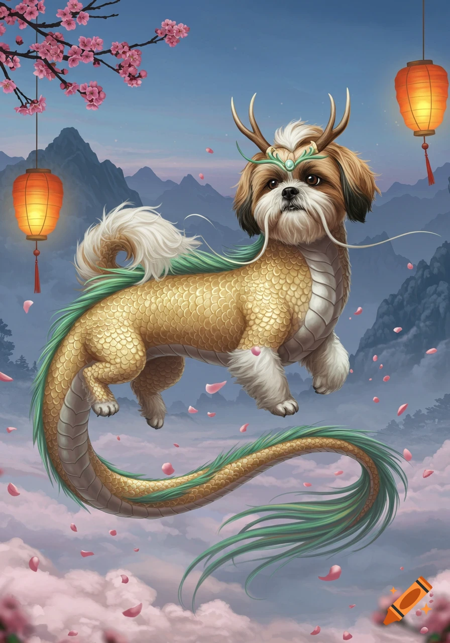 A Shih Tzu dog transformed into a golden Chinese dragon with green mane, floating amidst pink cherry blossoms and mountains under a blue sky.