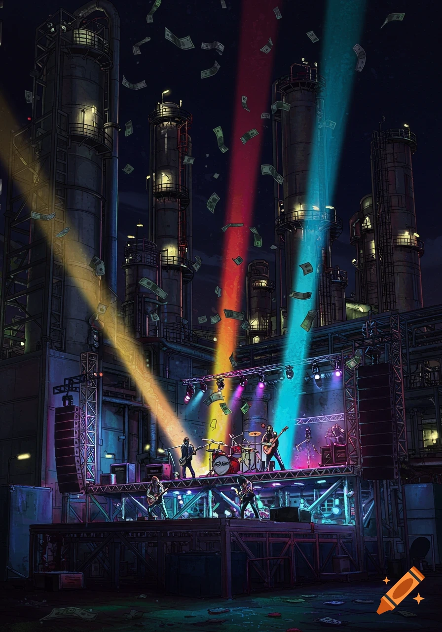 A rock band performs on a stage at an oil refinery at night, illuminated by colorful spotlights, with money falling from the sky.