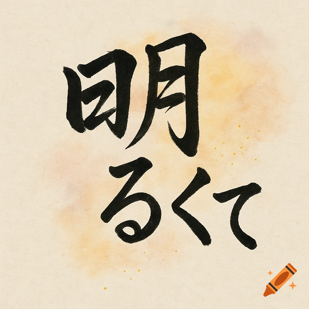 Japanese calligraphy of the characters '明るくて' in black brushstrokes on a light, textured background.