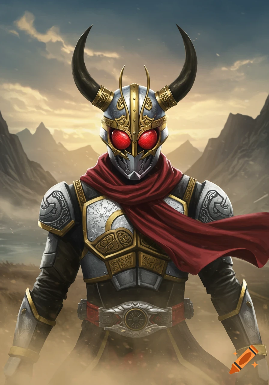 A masked character in silver and gold armor with red eyes, large horns, and a red scarf stands in a desolate, mountainous landscape at dusk.