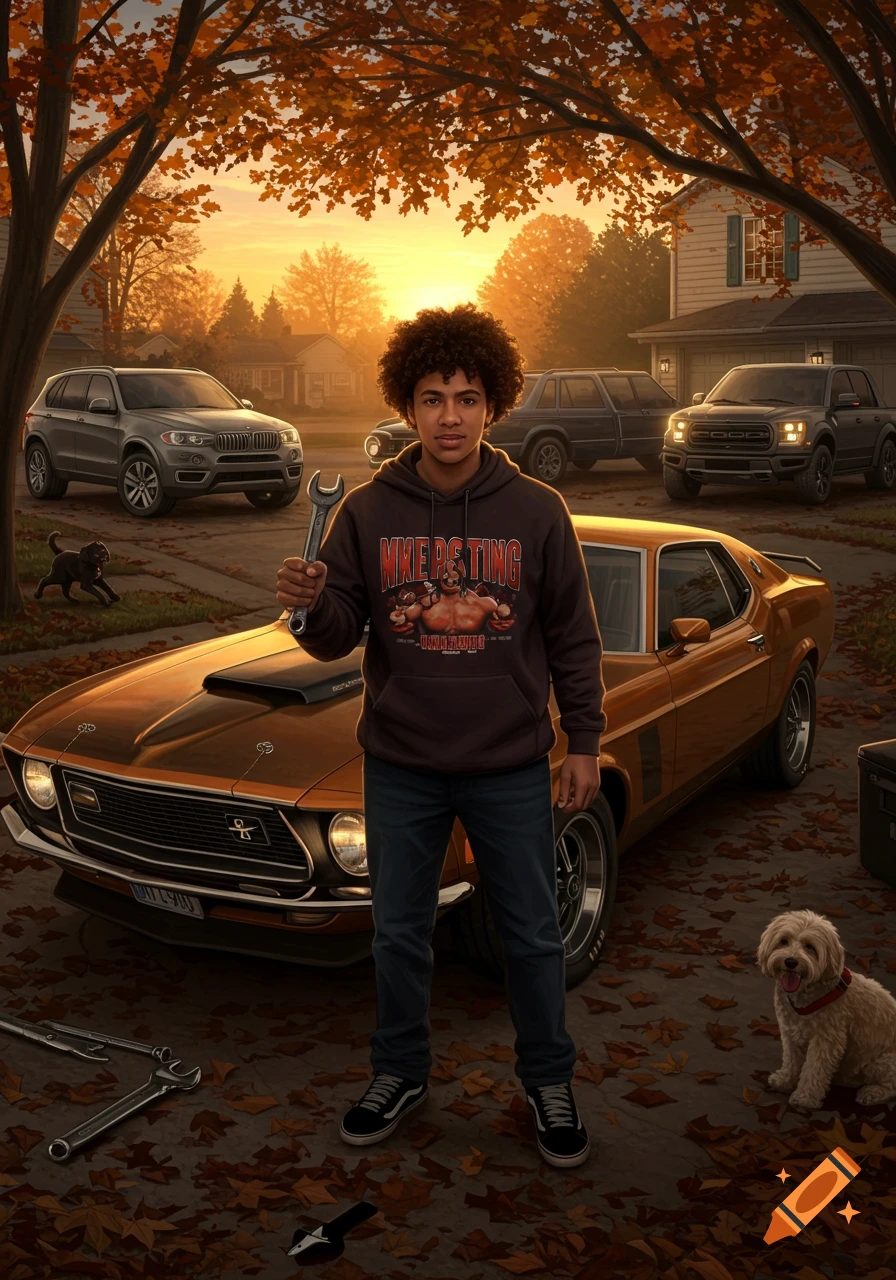 A young man with curly hair stands in a driveway next to a classic orange Mustang, holding a wrench. Two dogs, other cars, and houses are visible in the background at sunset.