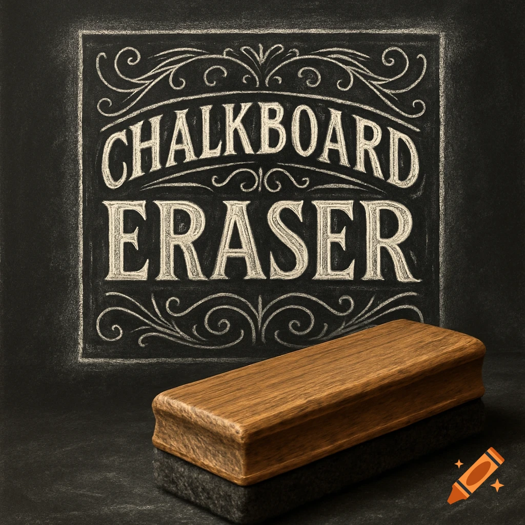 A wooden chalkboard eraser on a dark surface, with a chalk sign saying 'CHALKBOARD ERASER' in a vintage style on a blackboard.