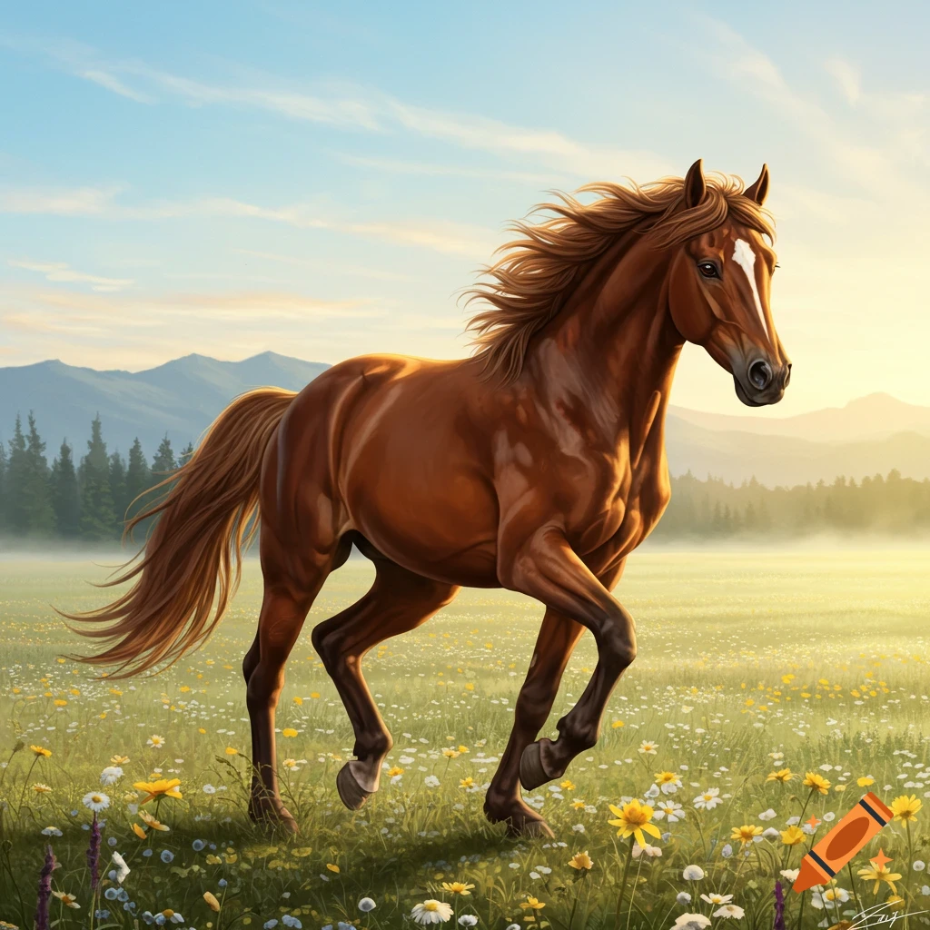 A brown horse with a flowing mane runs through a field of colorful wildflowers at sunrise, with mountains in the background.