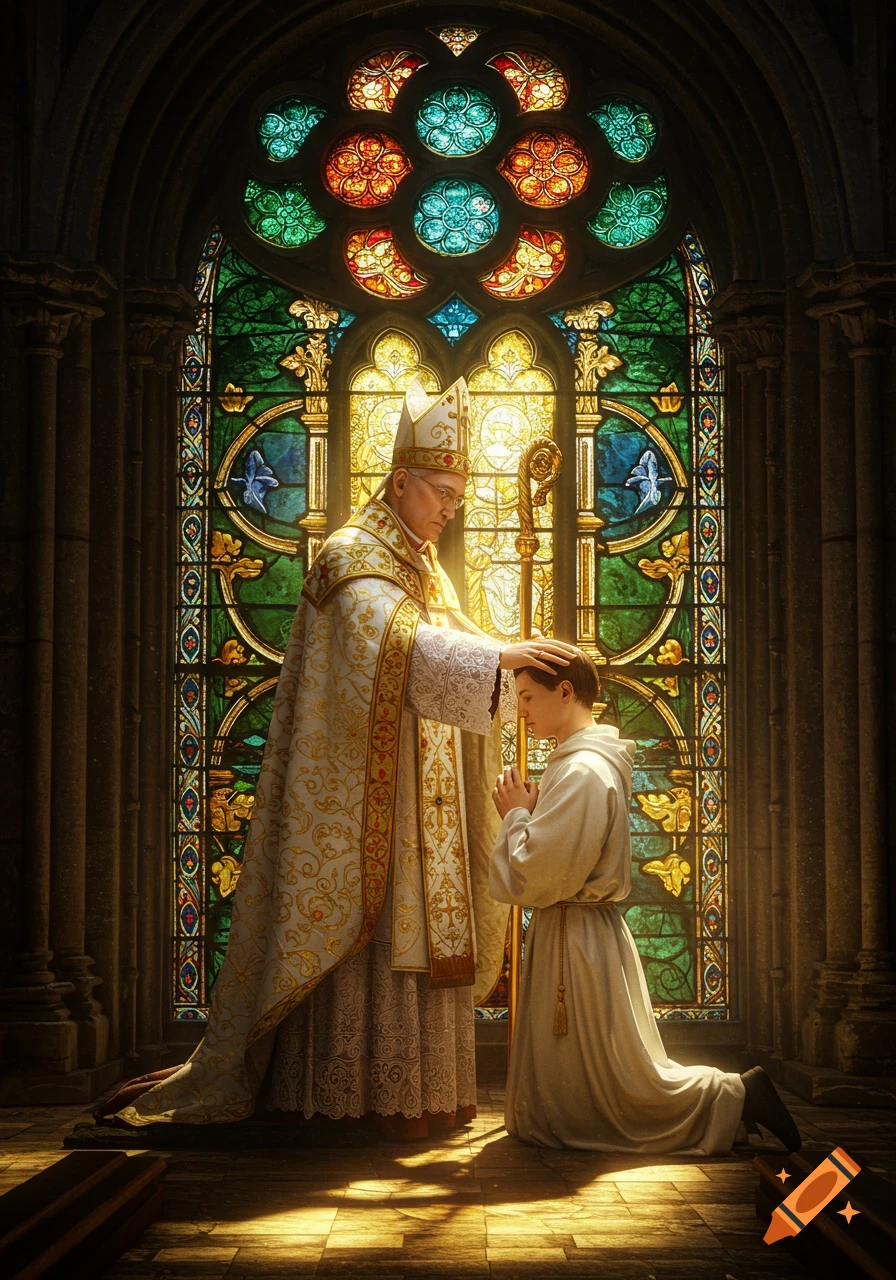 Photorealistic image of a bishop blessing a kneeling young man in white robes, illuminated by a vibrant stained glass church window.