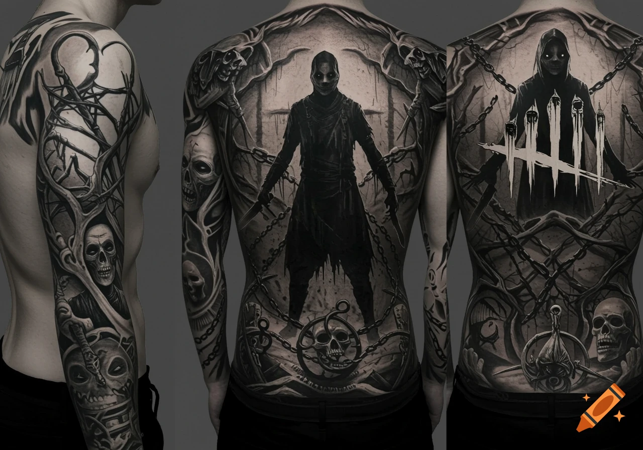 Realistic black and grey full back and arm tattoos featuring horror elements like skulls, chains, and Dead by Daylight characters and symbols.