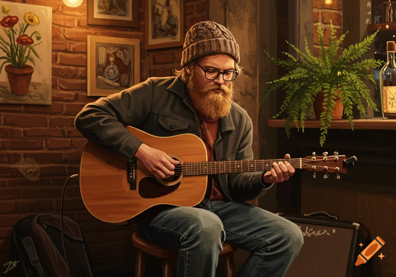 A man with a large beard, glasses, and a knit cap plays an acoustic guitar in a warmly lit, brick-walled room.