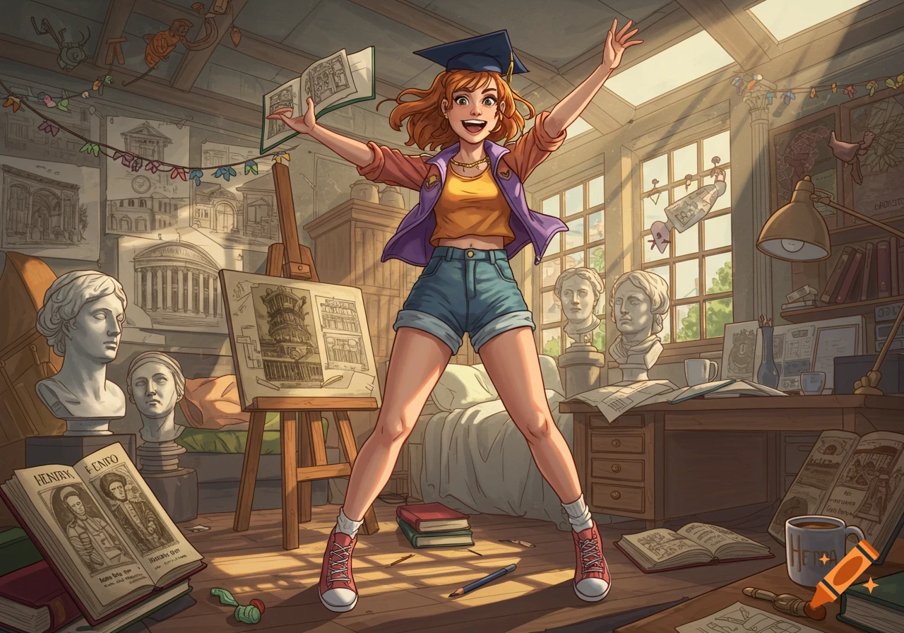 An excited student in a graduation cap, surrounded by architectural drawings and sculptures in a sunlit art studio, in an anime style.