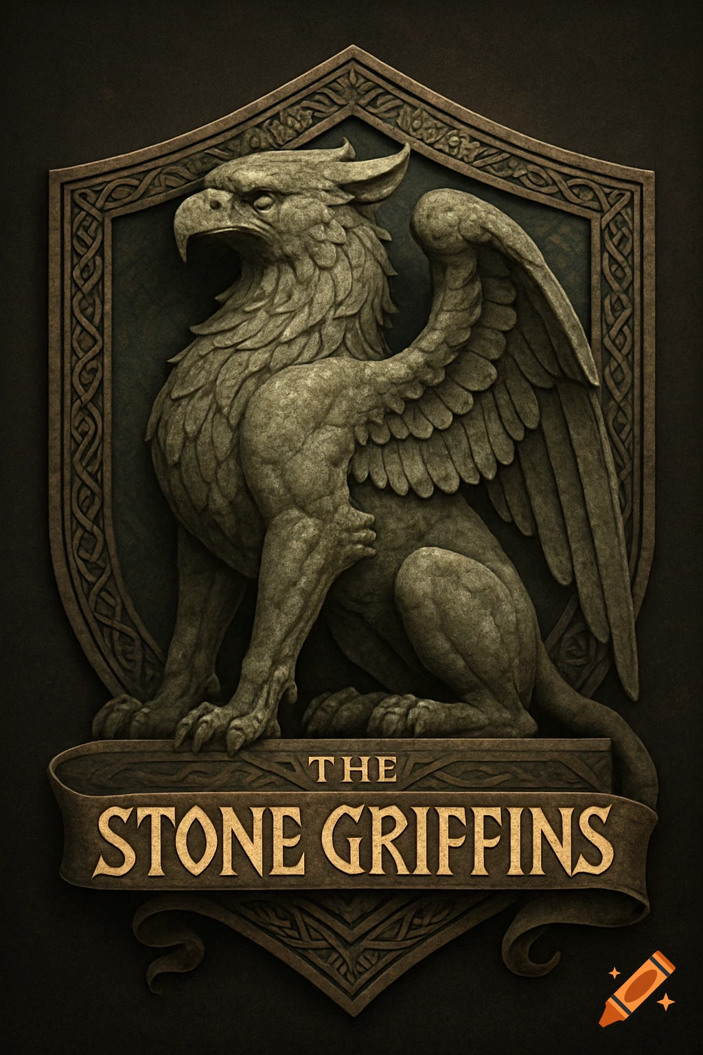 A stone griffin statue on a shield-shaped logo with the text 'THE STONE GRIFFINS' on a banner.