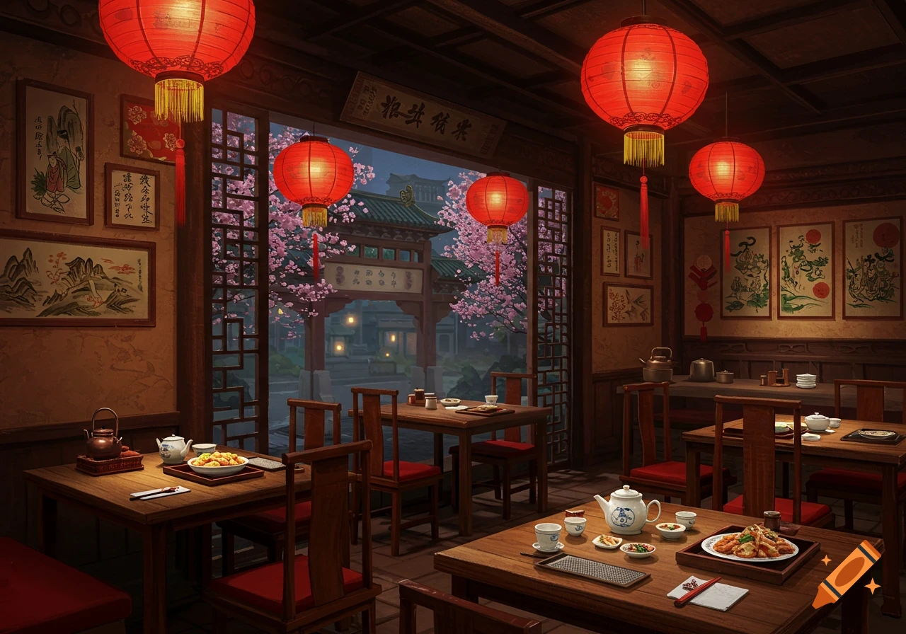 A beautifully lit traditional Chinese restaurant interior with red lanterns, wooden furniture, and a view of cherry blossom trees outside.