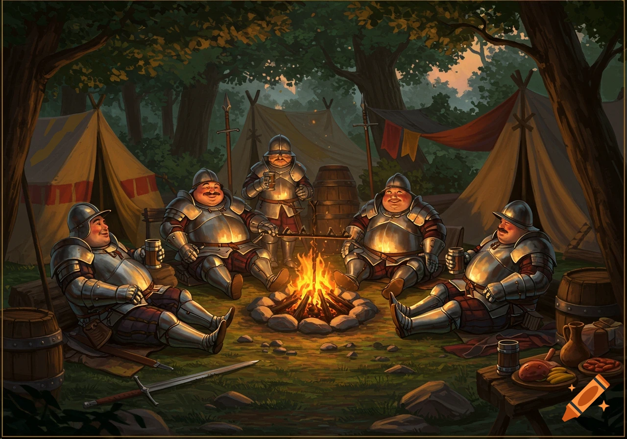 Five stout medieval knights in shining armor sit around a crackling campfire in a forest camp, drinking and socializing.