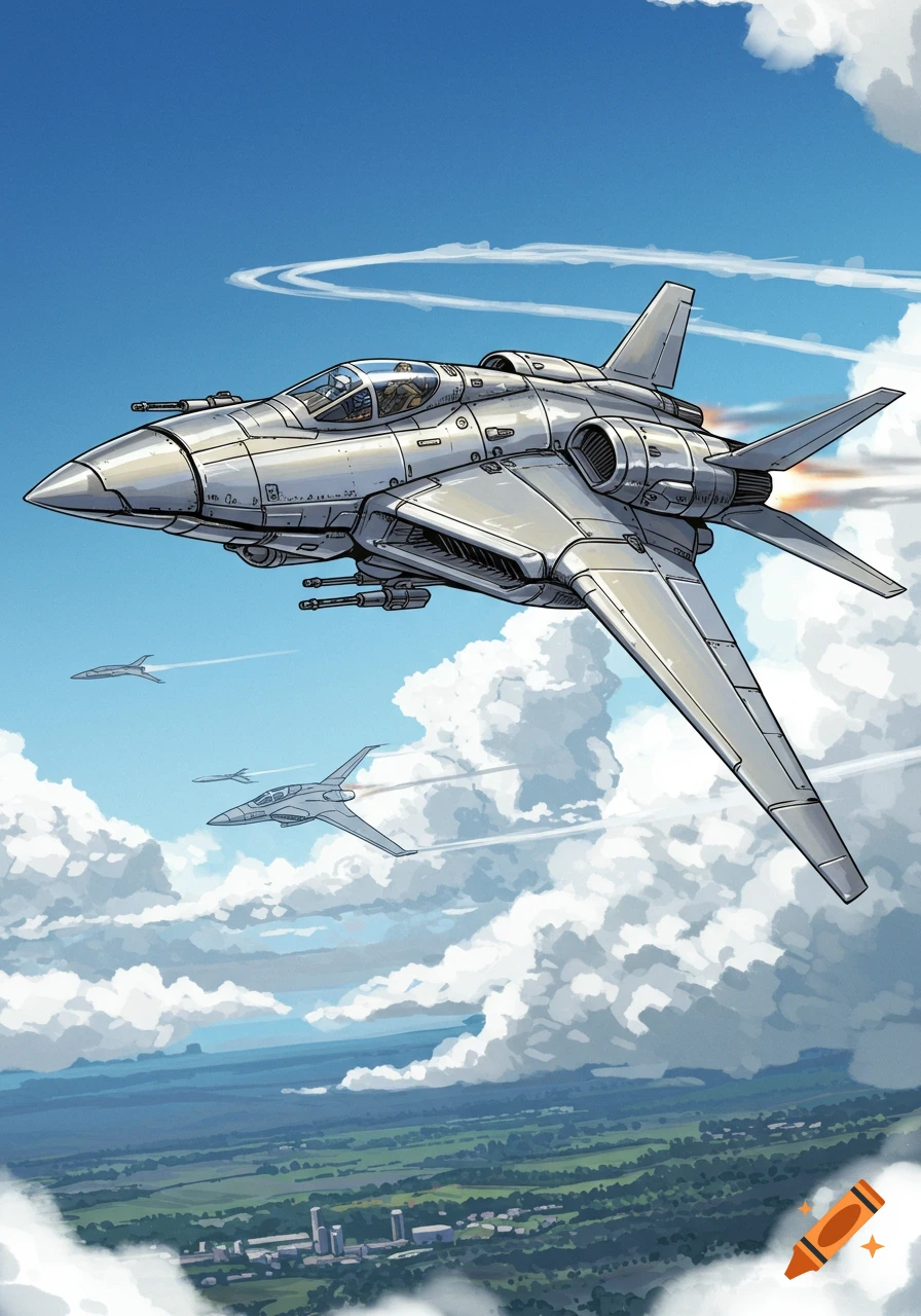 A stylized drawing of futuristic jet bombers flying in a cloudy blue sky over a green landscape with buildings below.