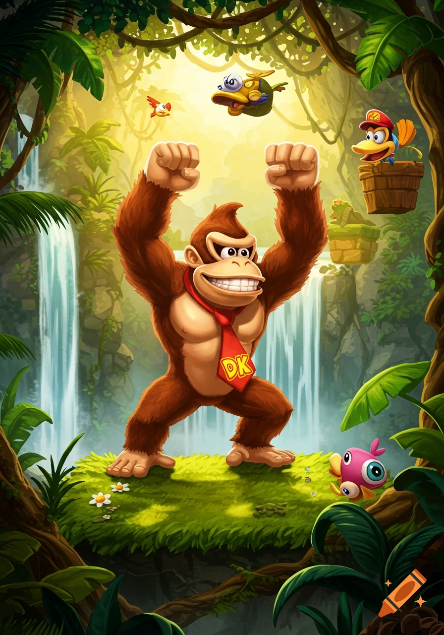 Donkey Kong stands triumphant in a lush jungle with waterfalls, surrounded by other cartoon creatures.