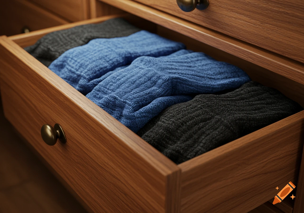 An open wooden drawer containing neatly folded blue and dark grey socks.