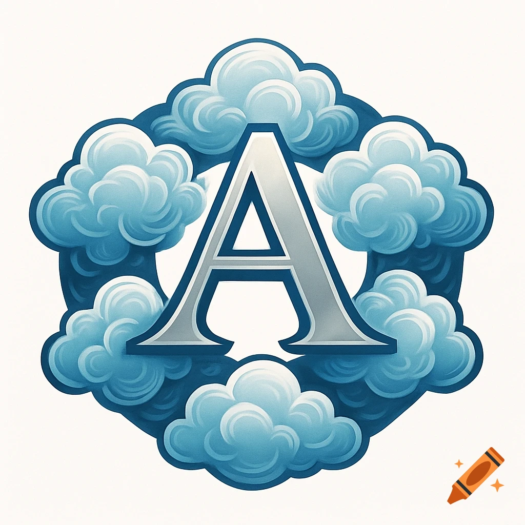 A logo featuring a stylized silver letter A surrounded by blue and white clouds, on a white background.
