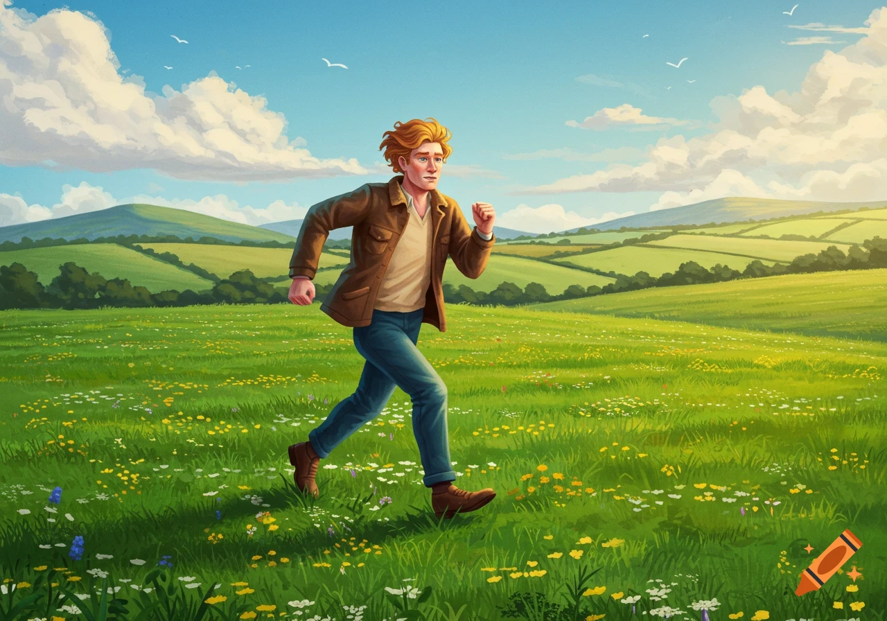 An illustration of a man with red hair in a brown jacket and jeans running through a vibrant green field with wildflowers under a blue sky.
