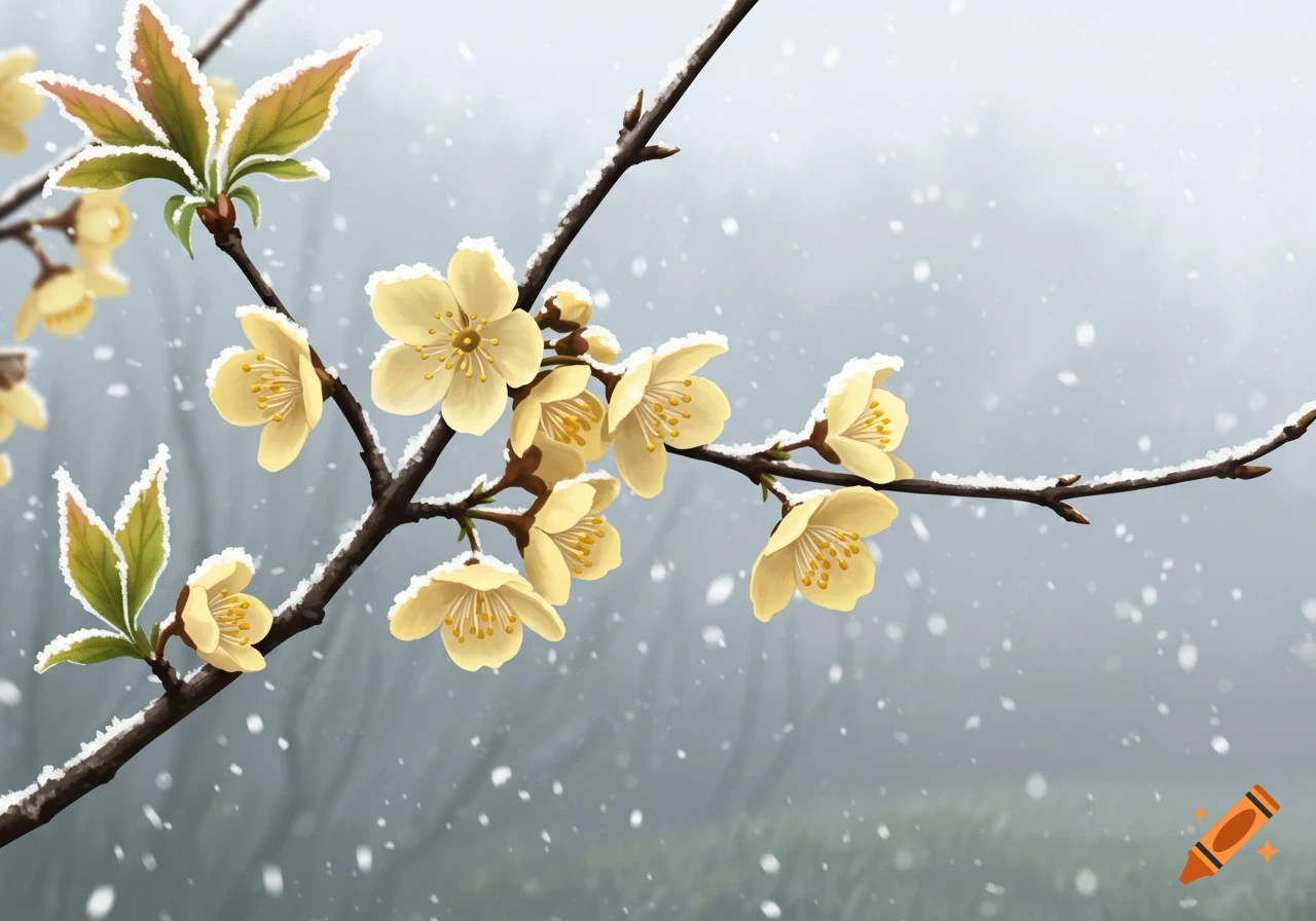 Light yellow wintersweet flowers and green leaves on snow-dusted branches against a snowy, blurry gray background.