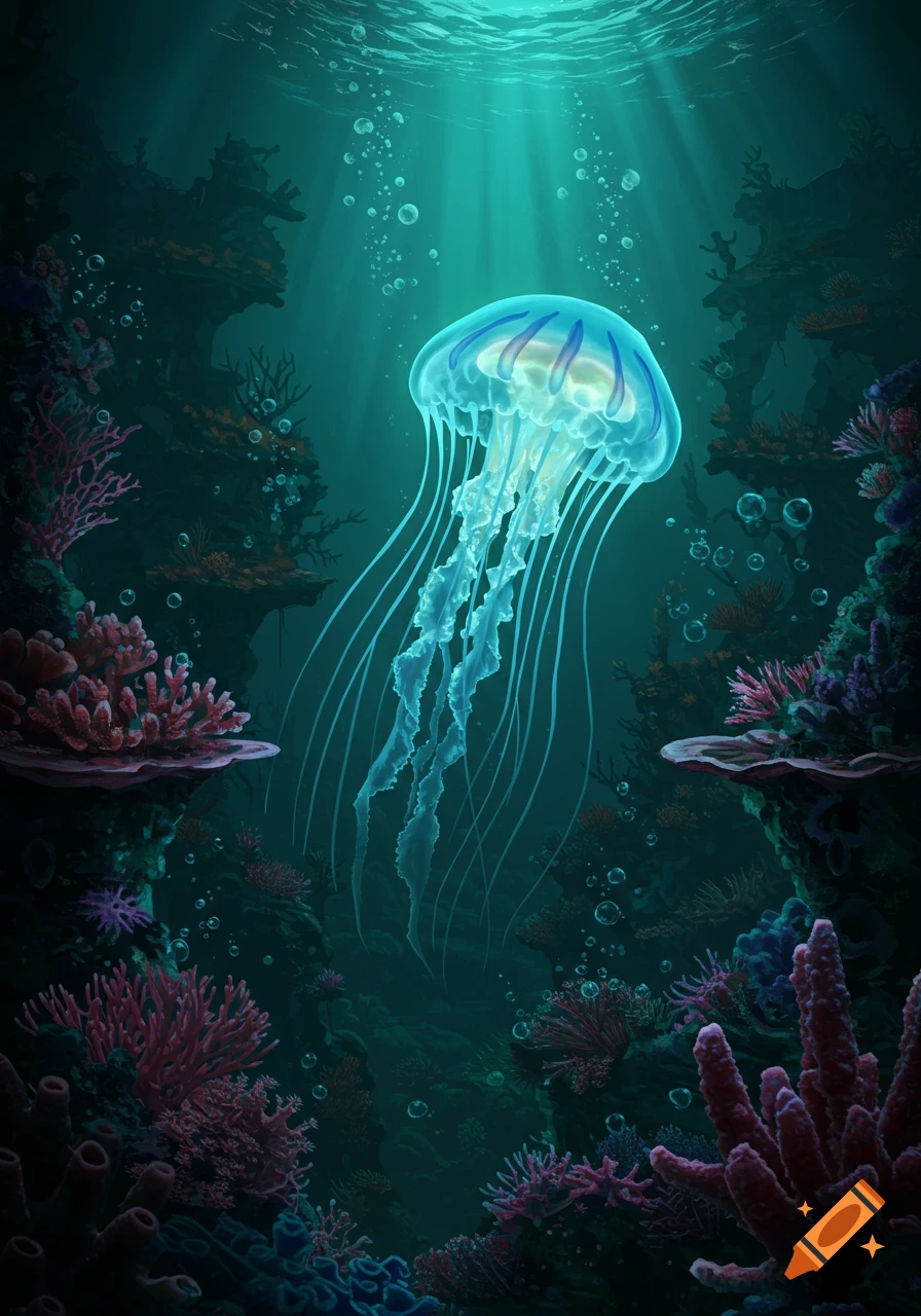 A luminous blue jellyfish floats in a dark underwater coral reef with light rays and bubbles.