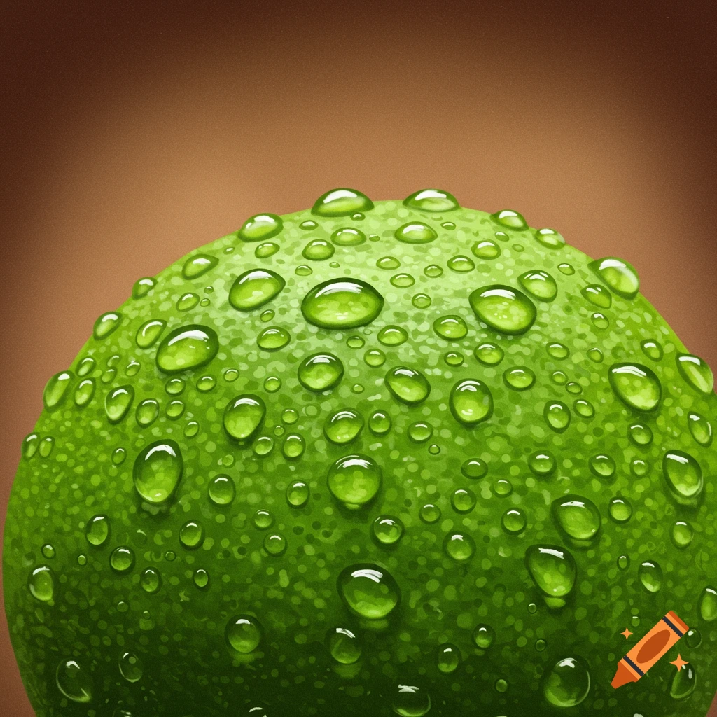 Close-up of a vibrant green lime covered in glistening water droplets against a brown background.
