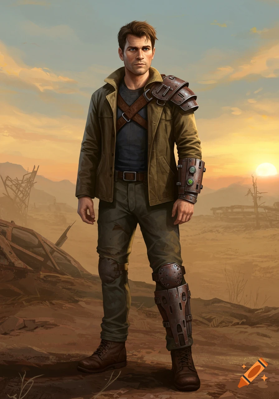 A male wasteland traveler in a brown jacket and armor stands in a dusty landscape at sunset.