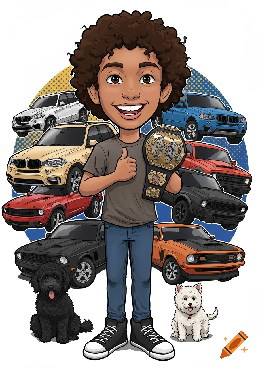 A cartoon illustration of a smiling boy with curly hair giving a thumbs up, holding a wrestling championship belt, surrounded by cars and two dogs.