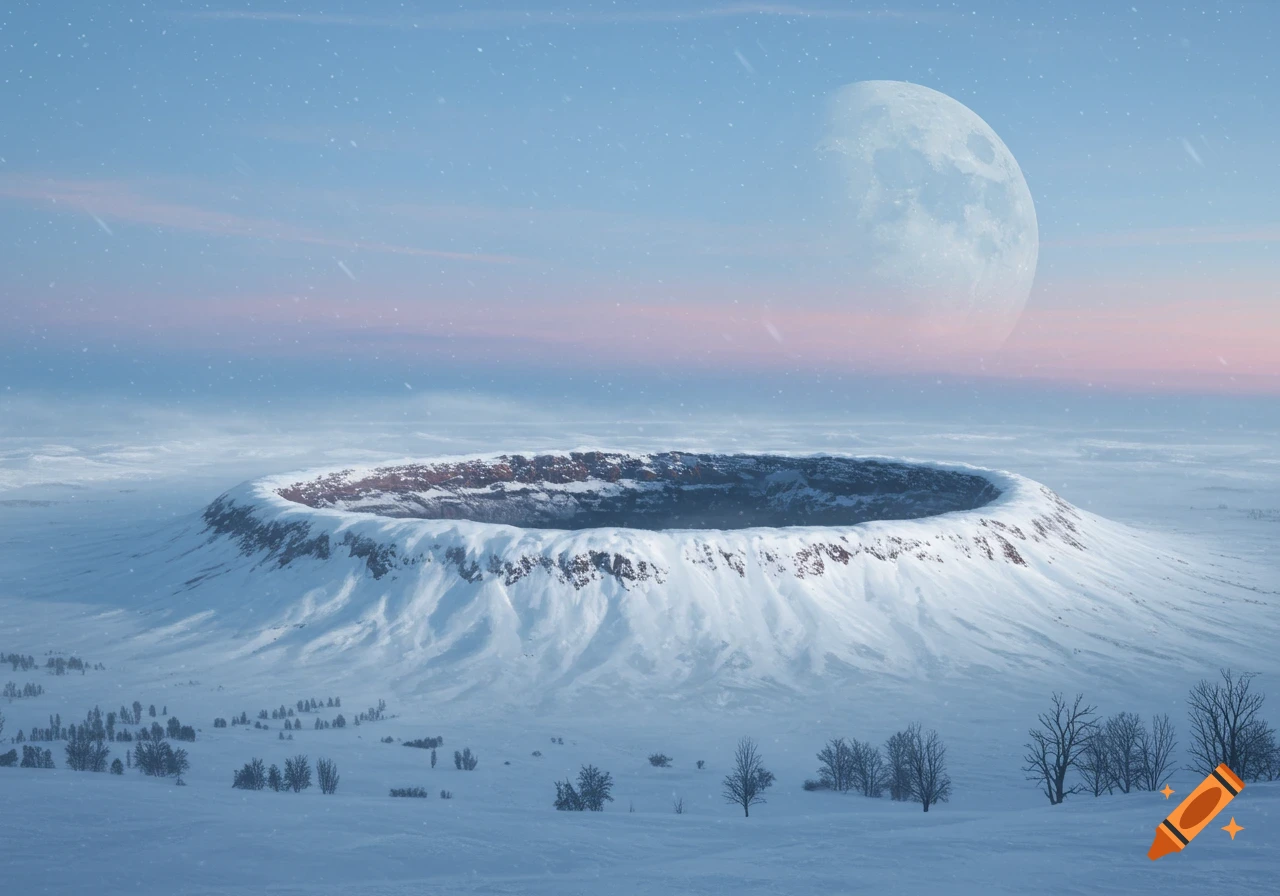 A vast, snowy landscape with a large impact crater in the foreground under a pale sky with a large moon and falling snow.
