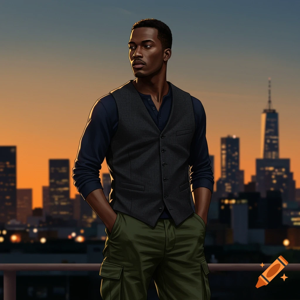 A Black man in a dark blue henley shirt and gray vest with olive green cargo pants stands against a city skyline at sunset.