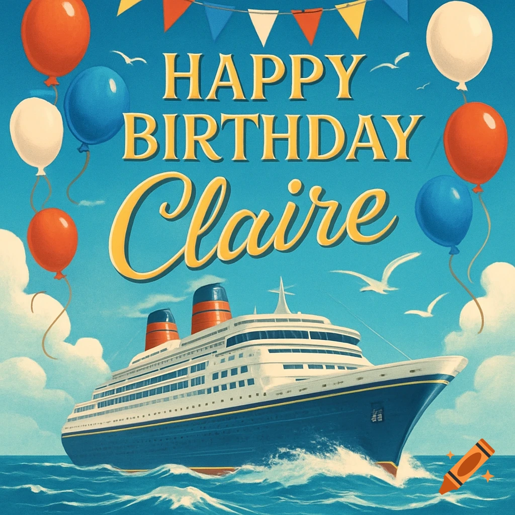 A vibrant illustration of a birthday banner with "HAPPY BIRTHDAY Claire" over a large cruise ship at sea, surrounded by balloons.