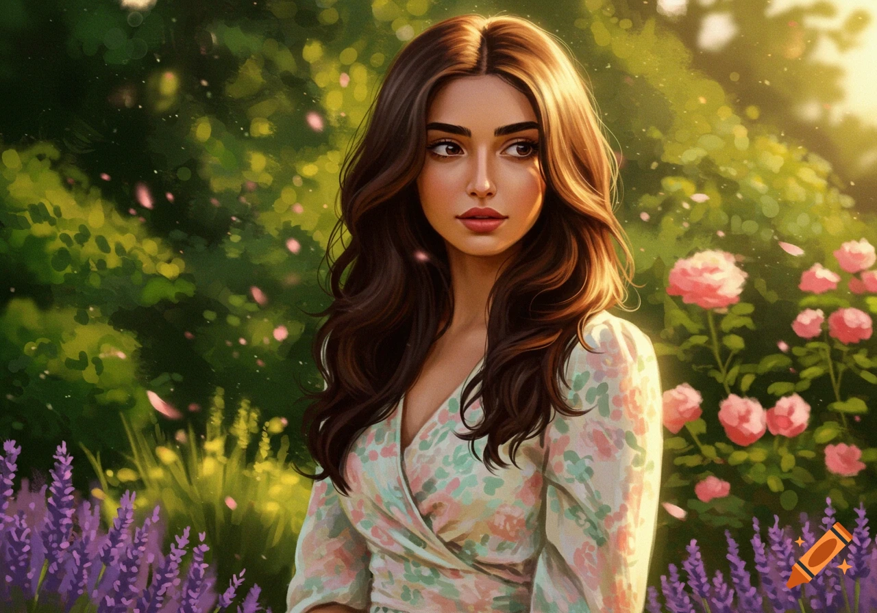 A beautiful woman with long brown hair in a floral dress stands in a vibrant garden with purple lavender and pink roses, in a digital painting style.