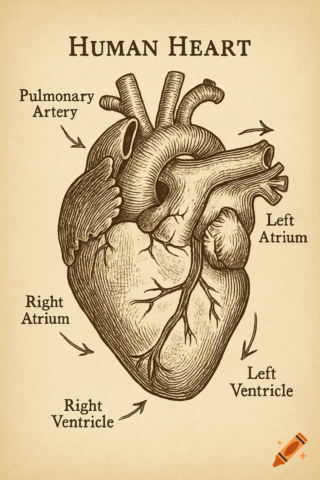 Vintage-style sketch diagram of a human heart with labels for pulmonary artery, atriums, and ventricles.