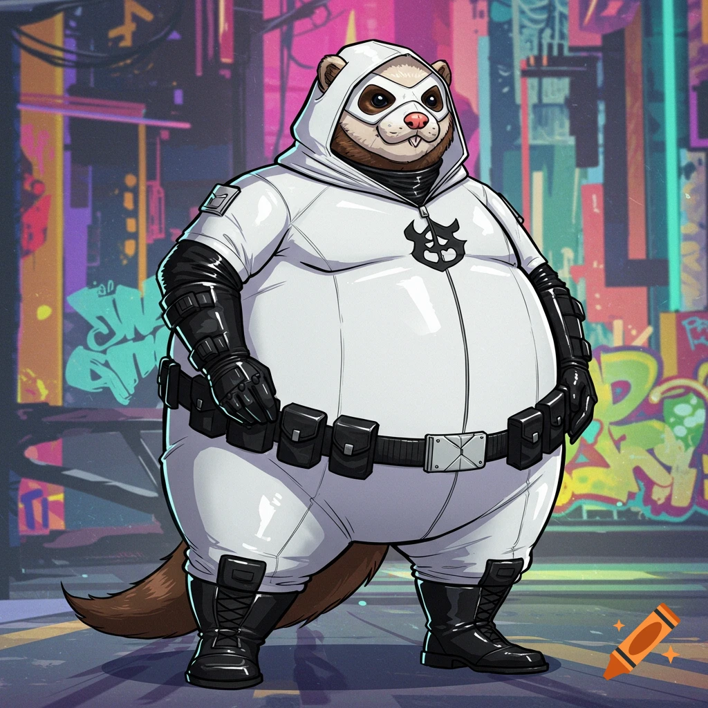 An anthropomorphic ferret in a white hooded suit with black gloves and boots, standing in an urban setting with graffiti, in a comic art style.