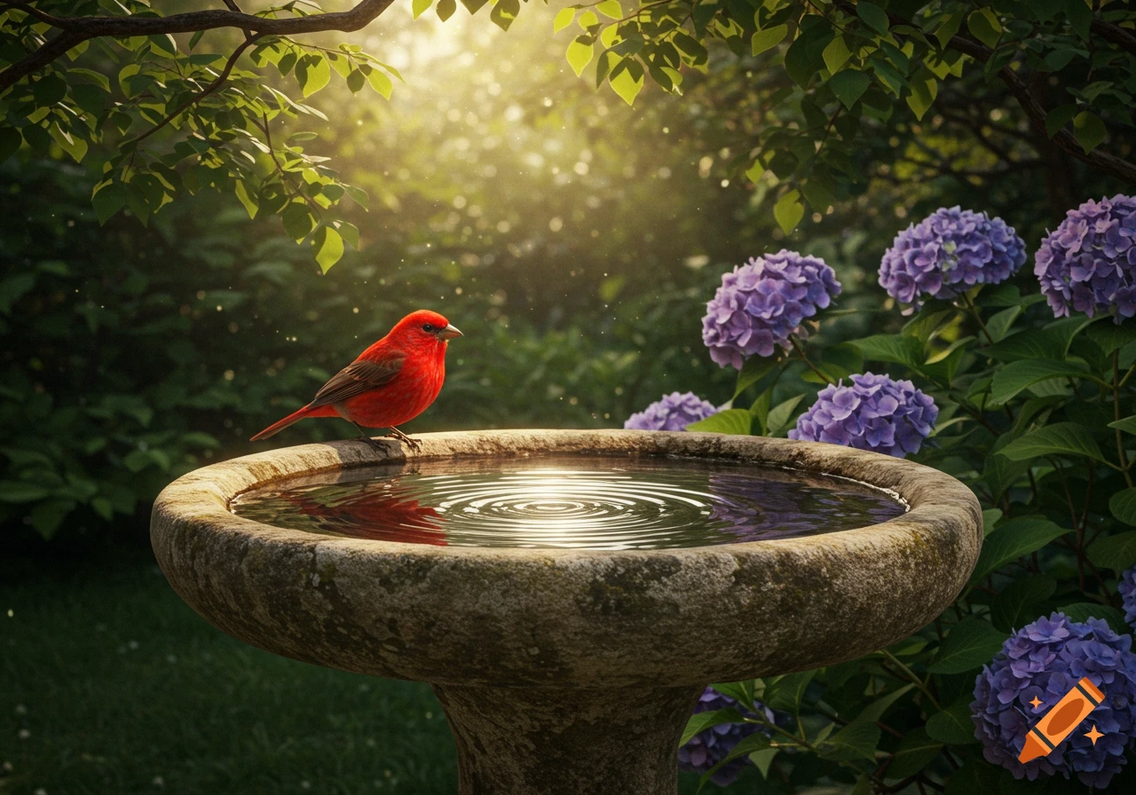 A vibrant red bird perches on a stone bird bath in a sunlit garden with purple hydrangeas.