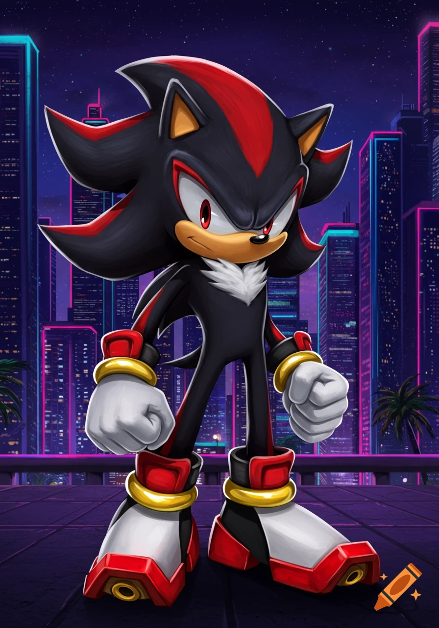 Shadow the Hedgehog stands on a neon-lit city rooftop at night, looking intently forward.