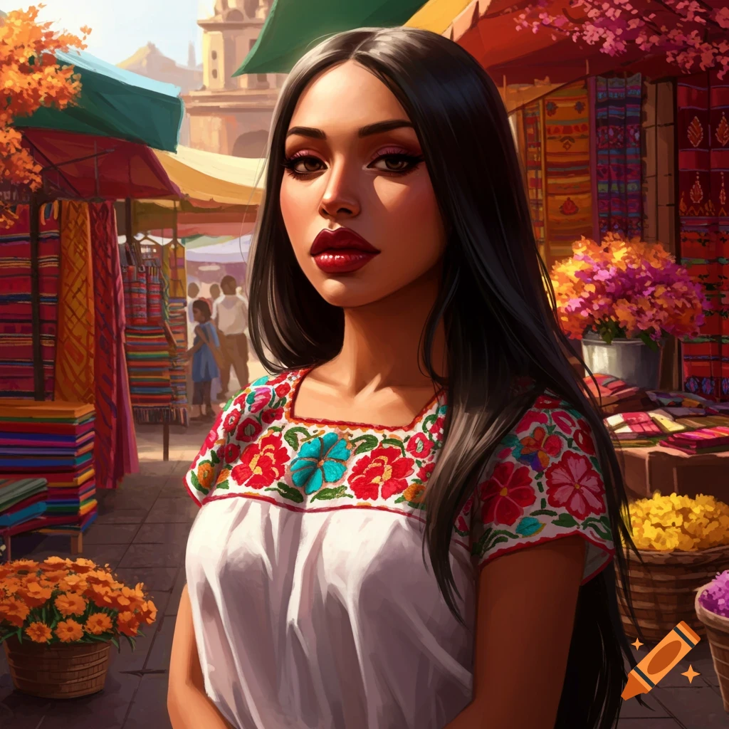 A young Mexican woman in a vibrant, embroidered white blouse looks forward in a colorful outdoor market.
