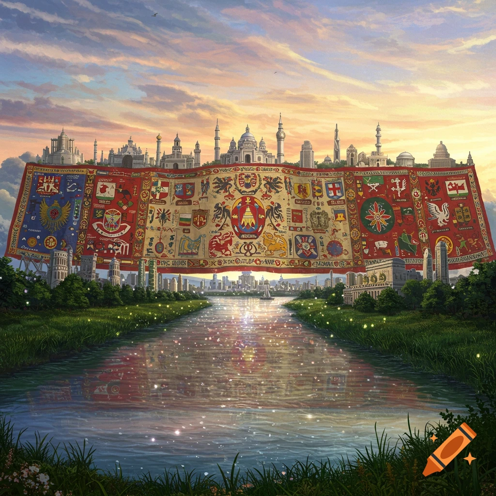 A fantastical landscape with a city built on top of a giant, ornate tapestry that unfurls over a river. The tapestry features many crests and symbols. The sky is orange and purple at sunset.