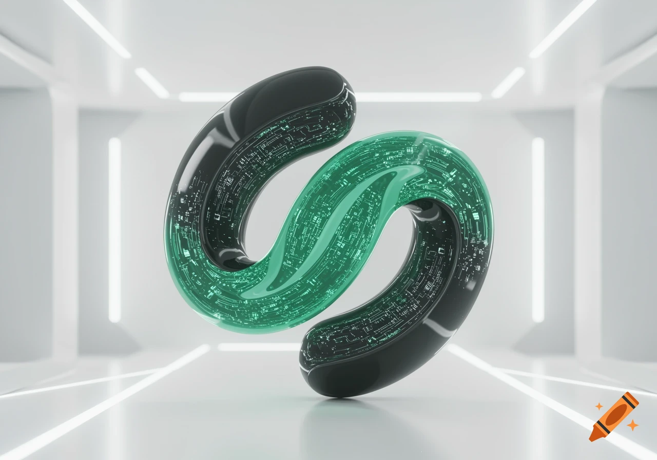 A shiny black and green intertwining abstract shape, featuring internal circuit board patterns, floats in a bright, futuristic white room with minimalist lighting.