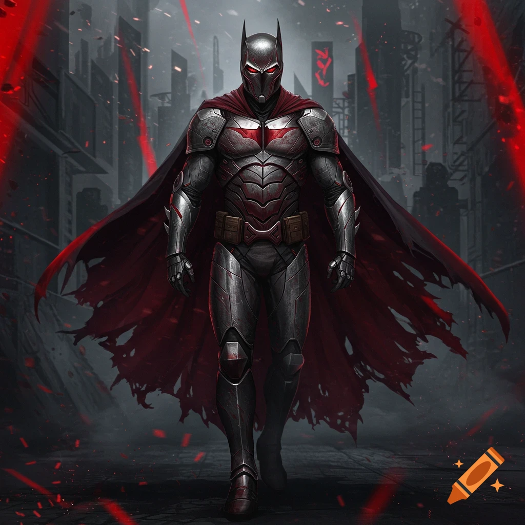 A heavily armored vigilante in a grey and red suit with a flowing cape walks through a dark, ruined city under red light.