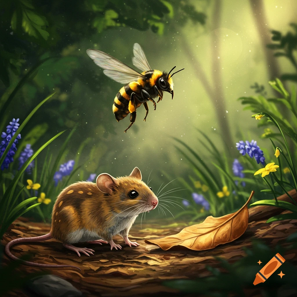 A small brown mouse sits on the forest floor, looking up at a bee flying above it, in an illustrative style.